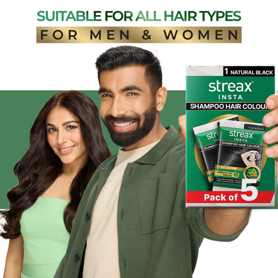 Streax Insta Shampoo Hair Colour for Women and Men- Natural Black | 100% grey coverage in 5 mins