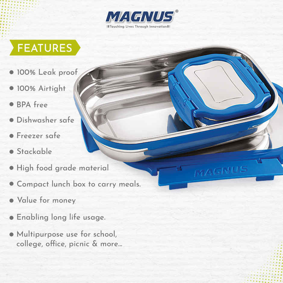 Magnus Bolt Dlx Stainless Steel Lunch Box with Lid for School (800ml + 150ml)