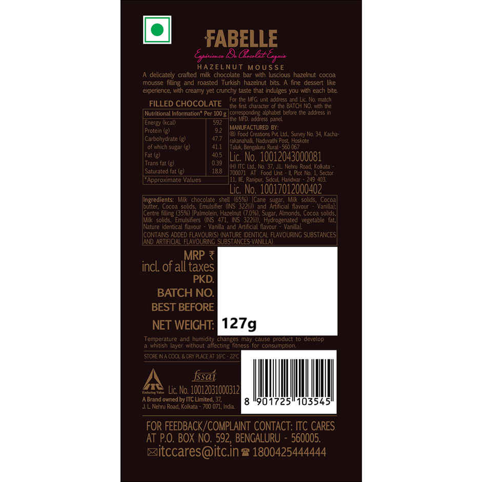 Fabelle Hazelnut Mousse Centre Filled Handcrafted bar