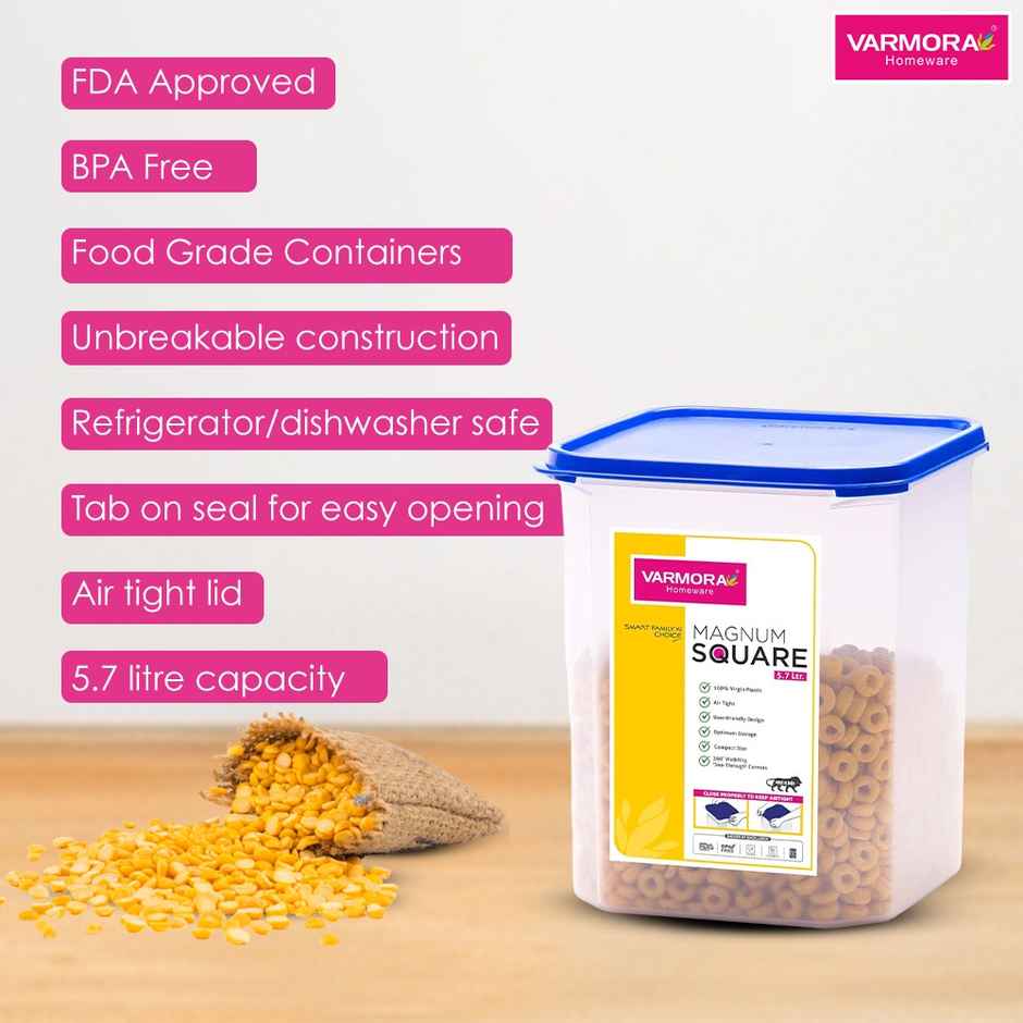 Varmora Magnum Square Storage Container- Transparent - Blue Lid- Air-Tight- 5700ml