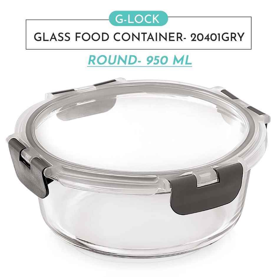 Magnus Glock Round 950 ml Borosilicate Glass Container with Airtight Lid & Detachable Lock | Grey