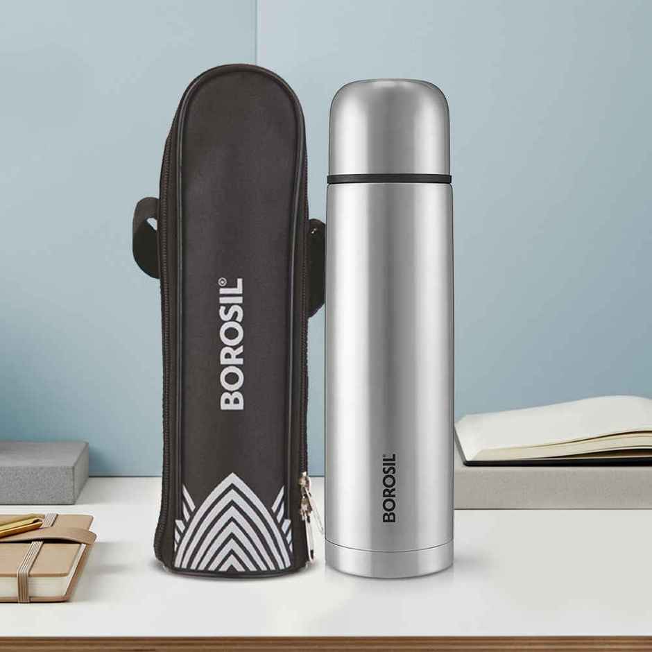 Borosil Thermo BIS Approved Stainless Steel Bottle with Bag | Black | 750 ml