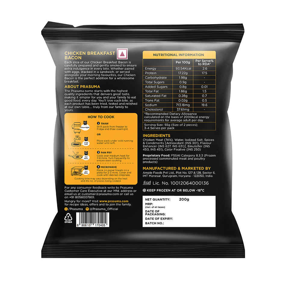 Prasuma Chicken Breakfast Bacon | Fresh Chicken | Naturally Cured & Smoked | No Trans Fat