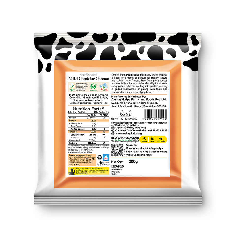 Akshayakalpa Organic Artisanal Mild Cheddar Cheese 200 Gms