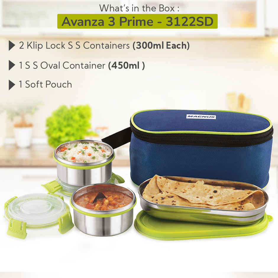 Magnus Avanza 3 Prime Lunch Box Set | Stainless Steel | Airtight Leakproof | Insulated Cover