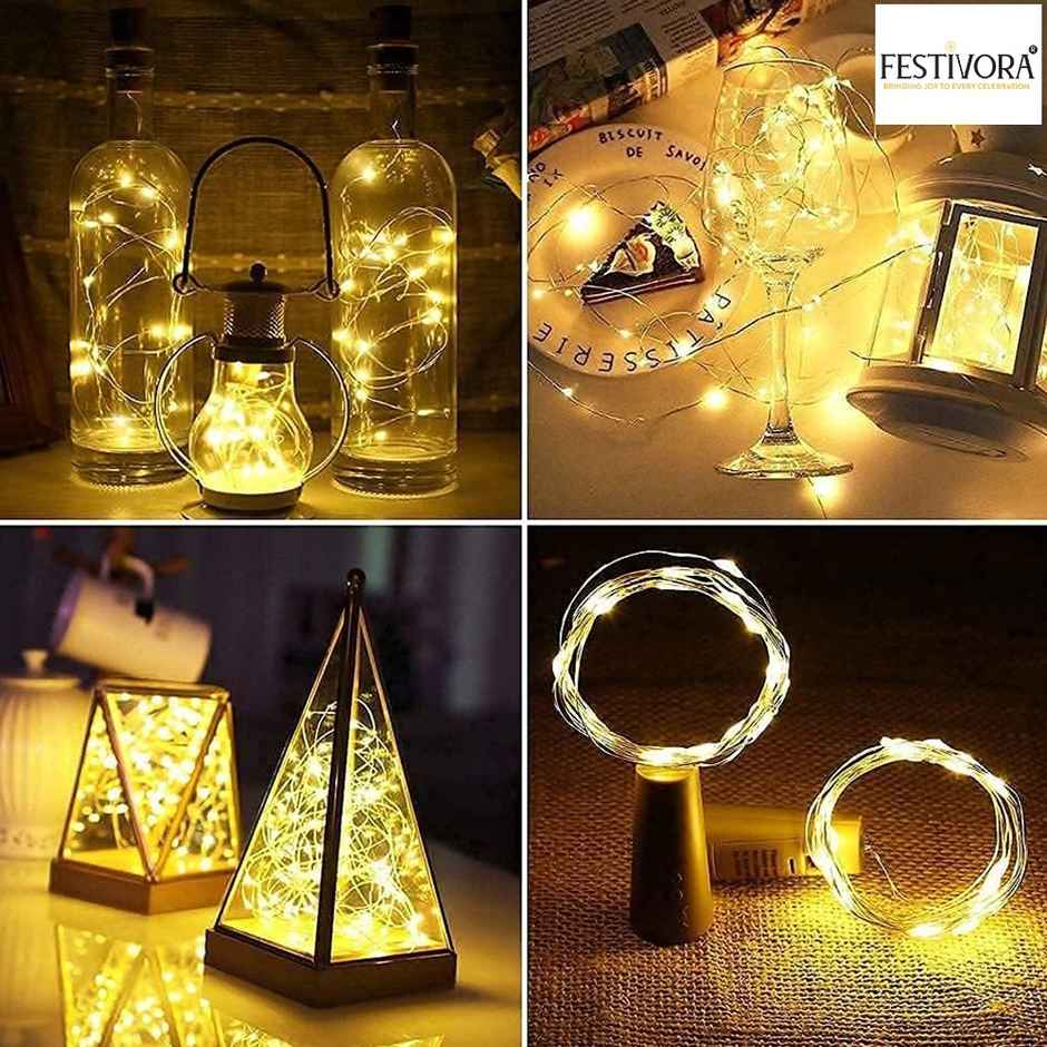 Festivora Pack of 2 Bottle Cork LED Lights - Warm White, Battery Operated Lights for Decoration
