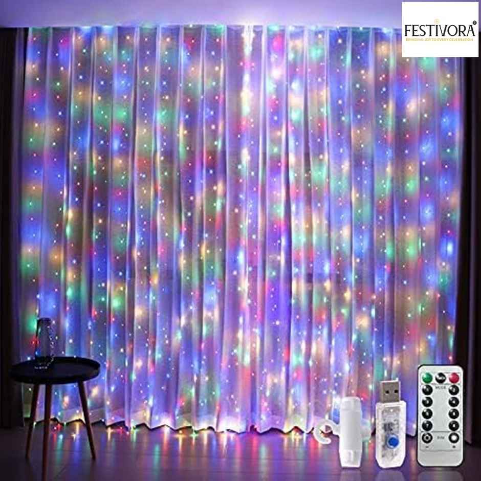 Festivora 240 LEDs Multicolor Curtain String Lights - 3x3 Ft, USB Operated Lights for decoration