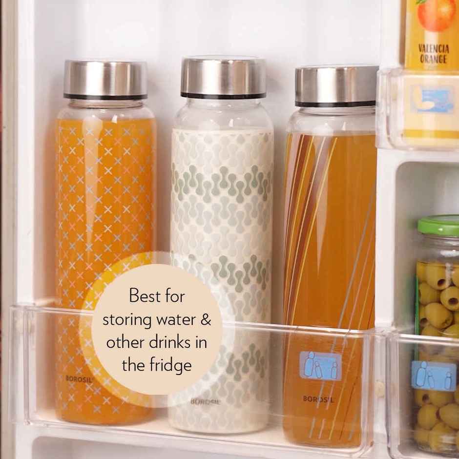 Borosil Vista Narrow Mouth Bottle with Metal Lid Borosilicate Glass Dishwasher Safe