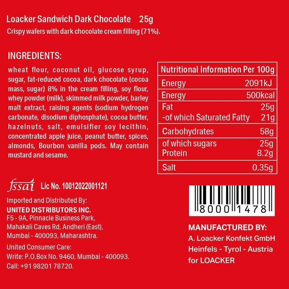 Loacker Sandwich Dark Chocolate Wafers Italy