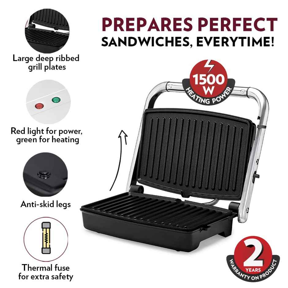 Borosil 1500W Jumbo Grill Sandwich Maker, Nonstick Coating Plates