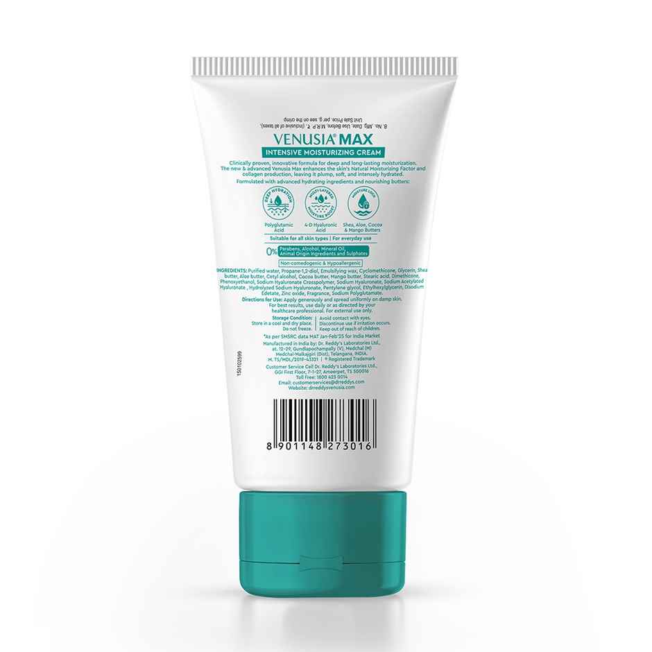 Venusia Max Intensive Moisturizing Cream with 4D Hyaluronic+Polyglutamic Acid | Dry to Very Dry Skin