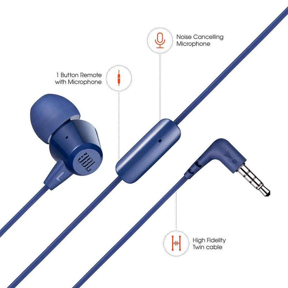 JBL C50HI, Wired in Ear Headphones with Mic, 3.5mm Audio Jack, One Button Multi-Function Remote, Lightweight & Comfortable fit - Blue