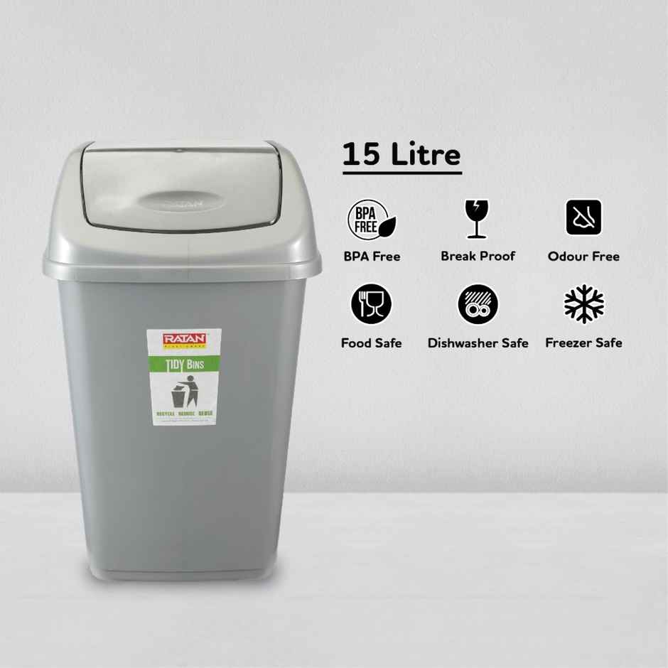 Ratan Plasticware Tidy Bin With Swing Lid 15 Litres Plastic Dustbin- Grey Color
