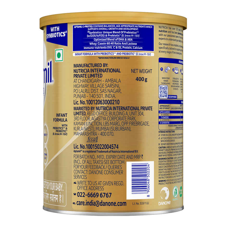 Aptamil C-ProteQ, Infant Formula for babies (From Birth to 6 months)- With Synbiotics, - (Prebiotics, & Probiotics), DHA, Vitamin C & D, Tin