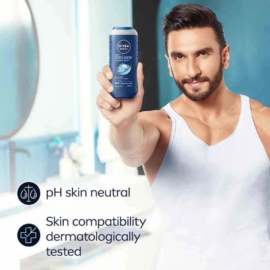 Nivea Men Cool Kick With Refreshing Icy  Menthol Shower Gel For Body Face & Hair (250ml) & Nivea Men'S Deodorant Roll On For Men (50ml) Combo