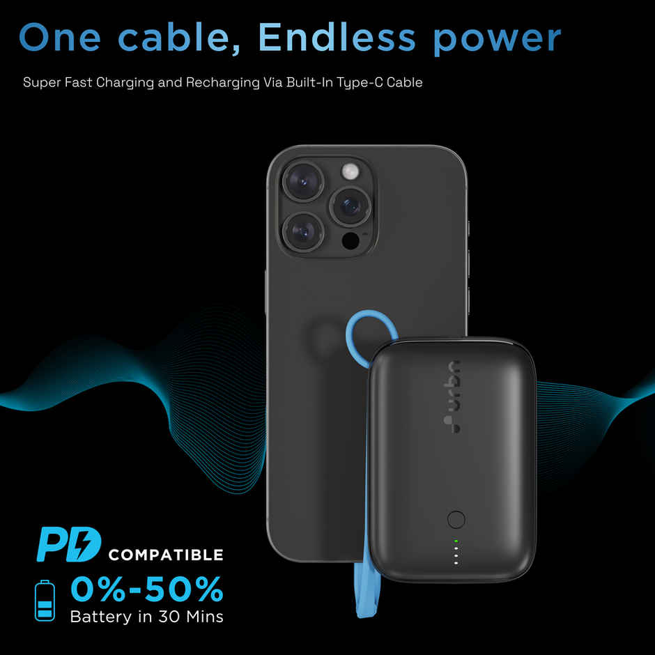URBN 10000 mAh Nano Link Wired Power Bank with in-Built USB-C Cable| 22.5W Fast Charging | Type C PD (Input& Output) | Made in India | Two Way Fast Charge | for iPhone, Android & More - Black