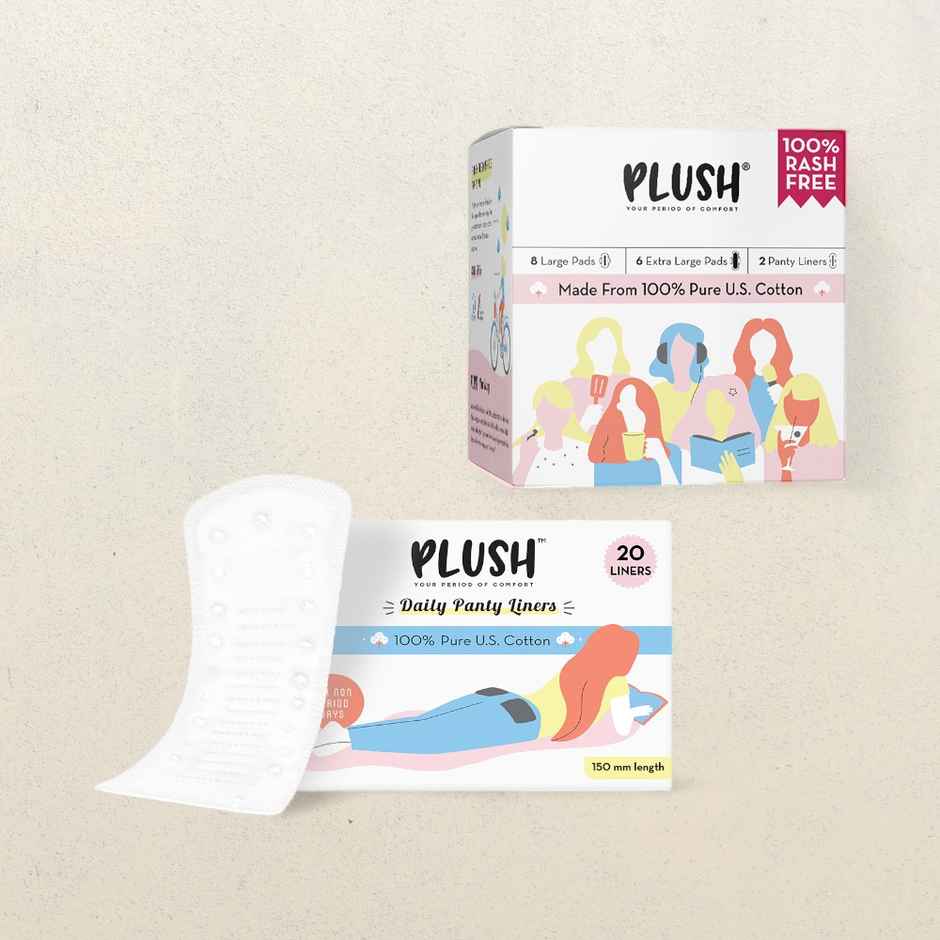 Plush Sanitary Pads Curated - (14pc) & Plush 100% Pure Us Cotton Panty Liners (20pc) Combo
