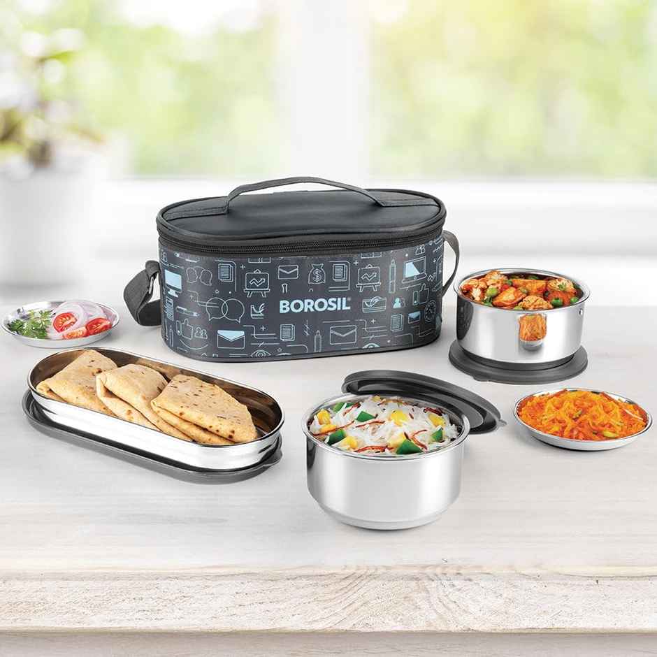 Borosil Carry Fresh Stainless Steel Insulated Lunchbox, 3 pc Set (280ml x 2 + 475ml Chapati Dabba)