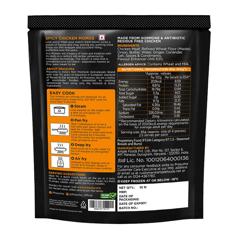 Prasuma Spicy Chicken Momos, 24 pcs | No Soya Fillers, Only Chicken | No Preservatives
