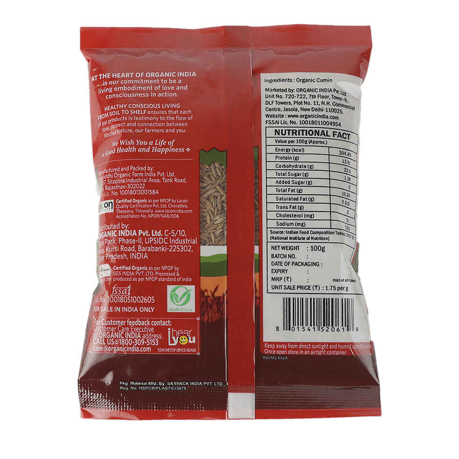 A Tata Product - Organic India Cumin Whole(Jeera), Non Artificial Colors & Non Preservatives