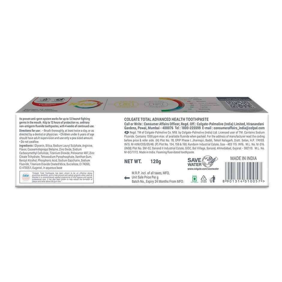 Colgate Total Advanced Health Antibacterial Toothpaste, Stronger 12-Hour Anti-Germ Protection
