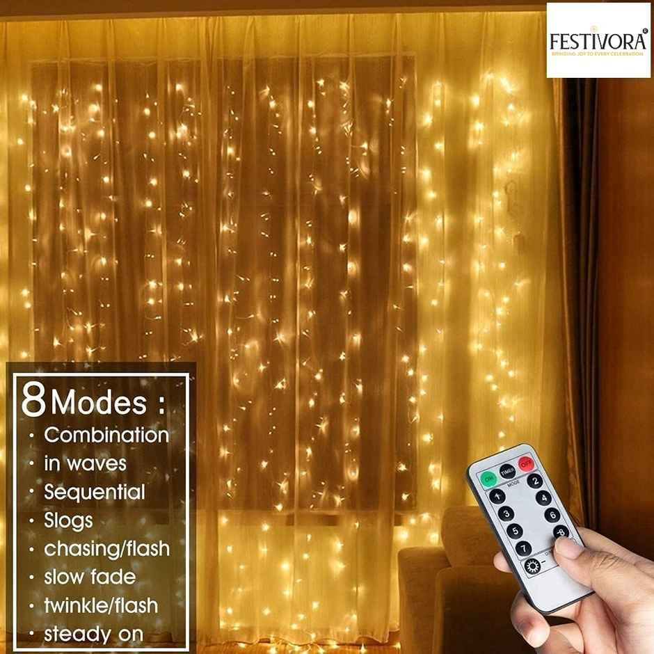 Festivora 240 LEDs Warm White Curtain String Lights - 3x3 Ft, USB Operated Lights for decoration