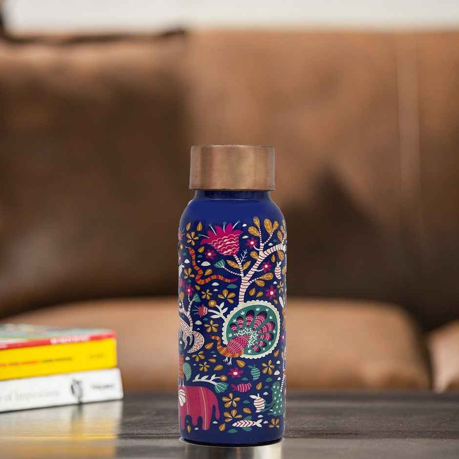 OGGN Blue Meena Printed Copper Water Bottle For Daily & Office Use 500 ml, Pure Copper