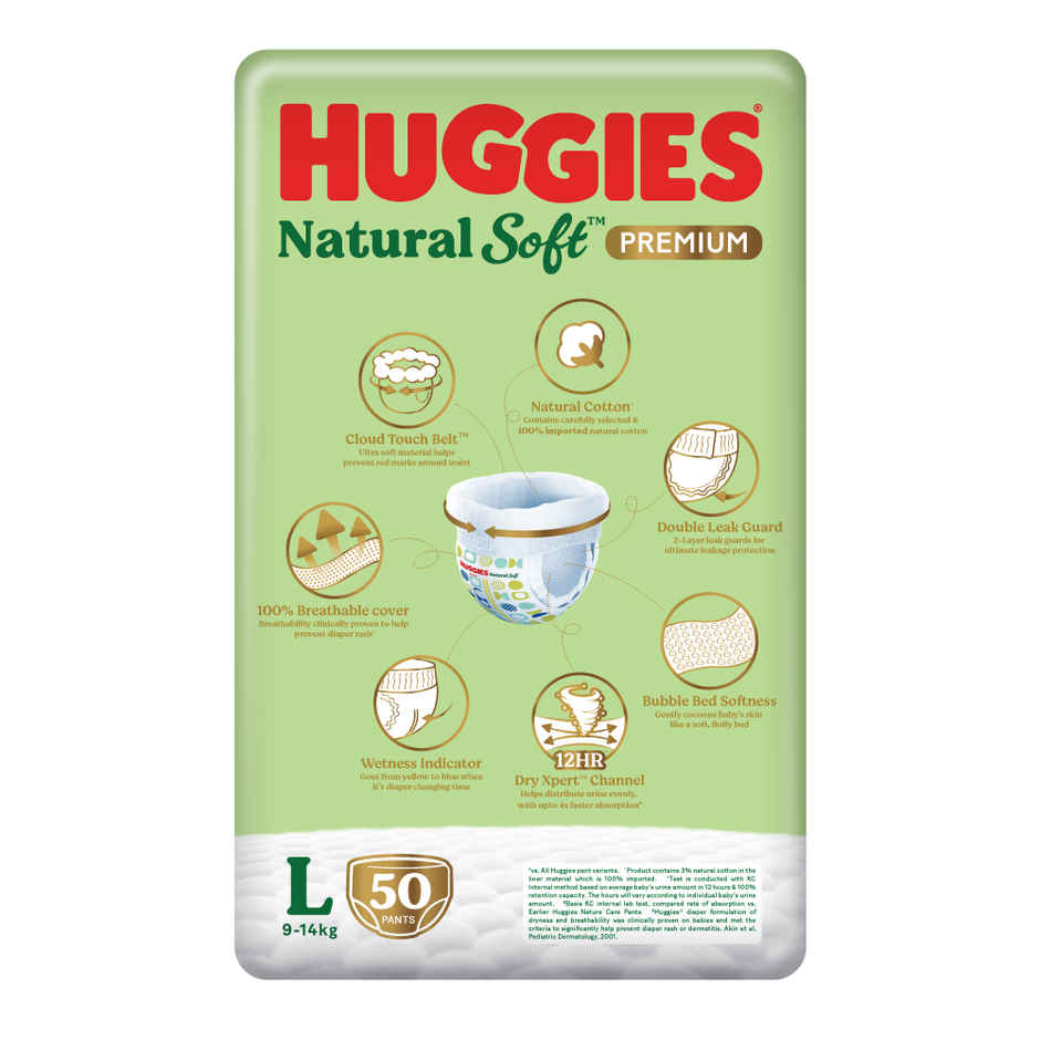 Huggies Natural soft Premium Pant style Baby diaper | Large , 9-14kg, 12 hour absorption, 100% natural cotton, wetness indicator