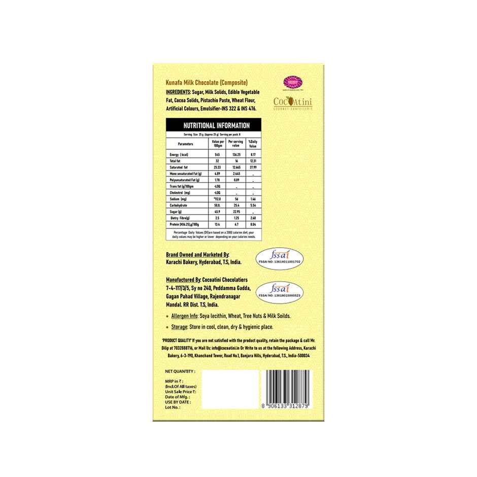 Karachi Bakery Dubai Kunefe/Kunafa Milk Chocolate Bar