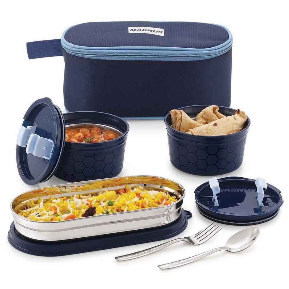 Magnus Olive 3 Prime Microwave Safe Lunch Box Set | Stainless Steel Steam lock Containers & Pouch