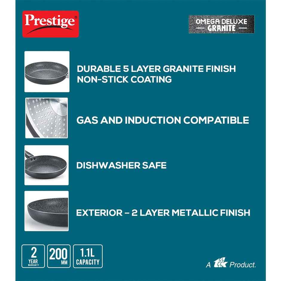 Prestige 20cm | 1.1L Omega Deluxe Granite Non-Stick Fry Pan | Gas & Induction Compatible - Black