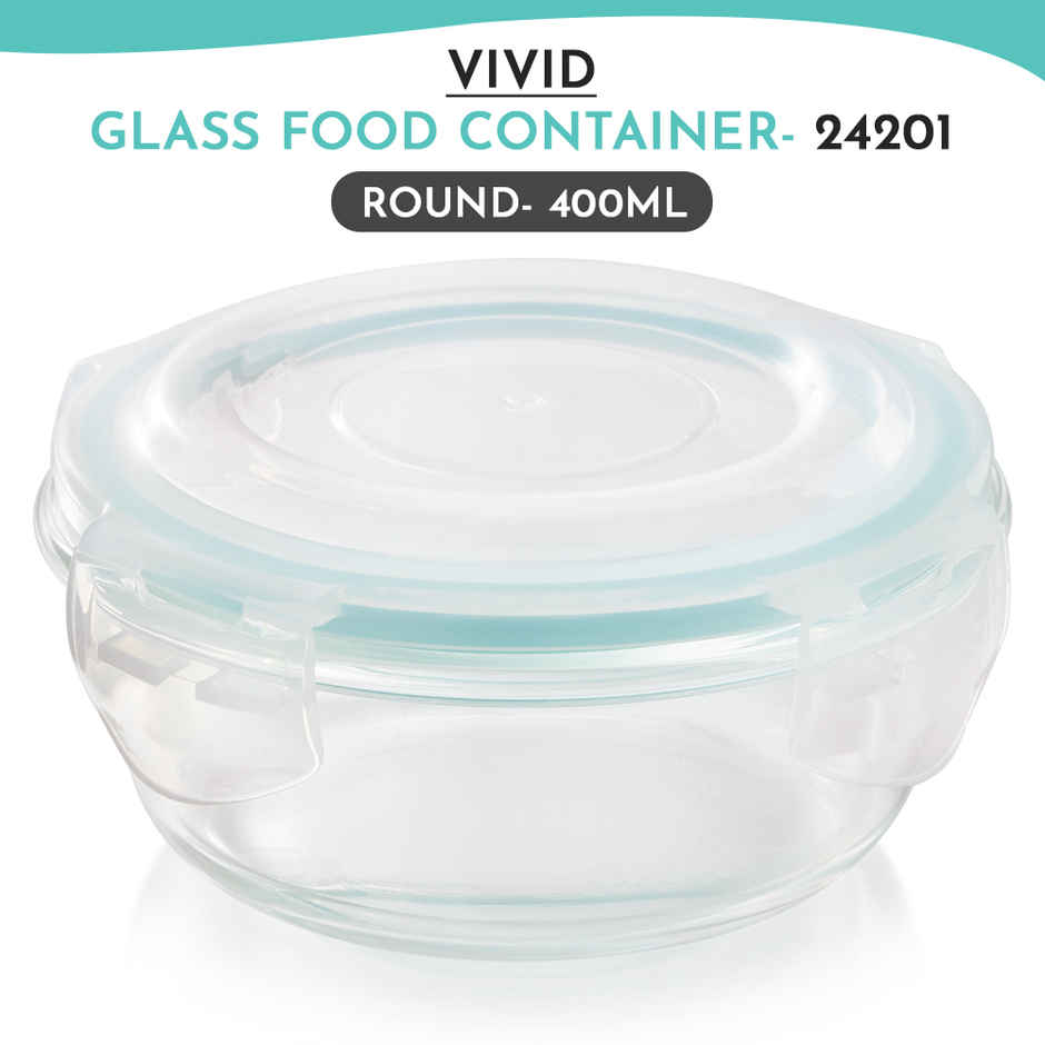 Magnus Vivid 400 ml Round Container with Airtight Lid & Fixed Lock, Borosilicate Glass