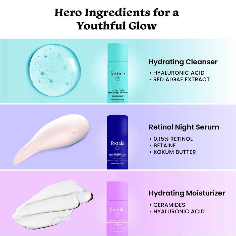Foxtale Youthful Radiance Gift Kit | Cleanser, Ceramide Moisturizer & 0.15% Retinol Serum