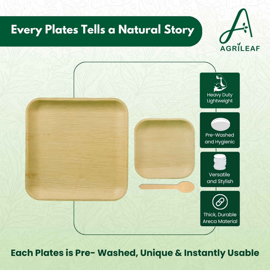 AGRILEAF Square Areca Palm Leaf Disposable Plate Combo | 25.4 & 17.8 cm  Plates  and Spoons | 5 sets
