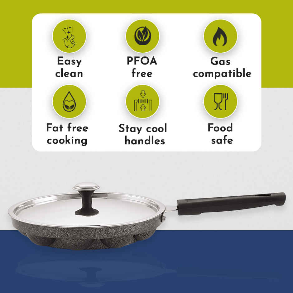 Magnus Appam Patra With Stainless Steel Lid | 12 Cavity Non-Stick Pan | Paniyarakkal With Lid