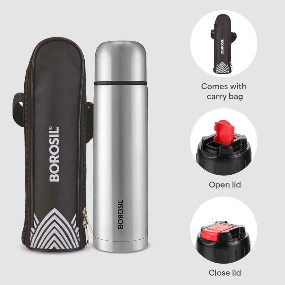 Borosil Thermo BIS Approved Stainless Steel Bottle with Bag | Black - 500 ml