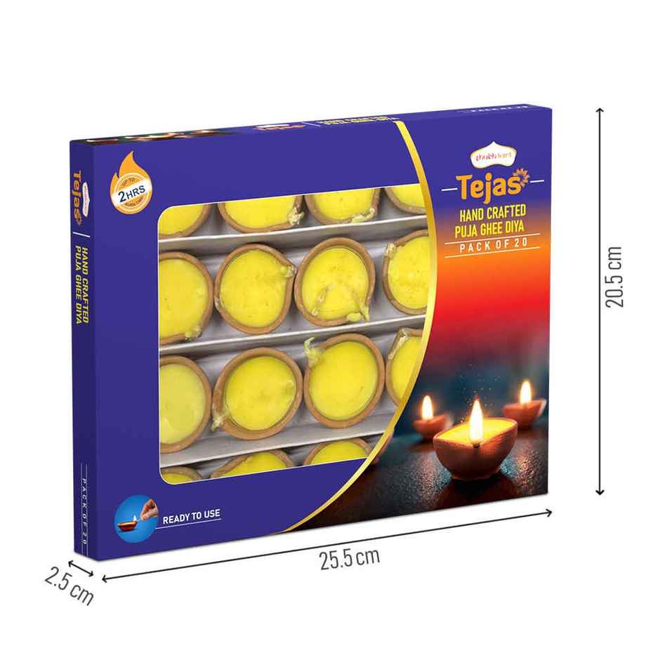 Tejas Hand Crafted Clay Based Puja Ghee Diya | Yellow | Traditional | Terracotta | Pack of 20 | Shubhkart
