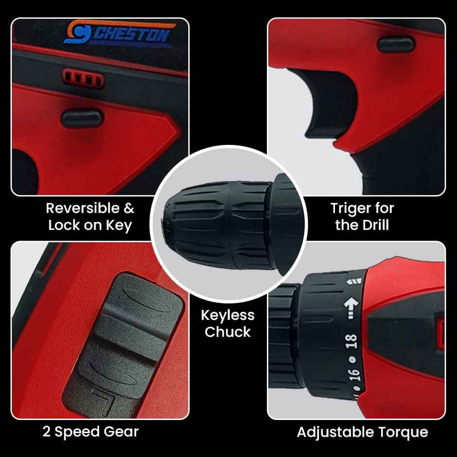 Cheston Cordless 12V Drill Kit with 24 pcs Red & Black - Reversible and Variable Speeds