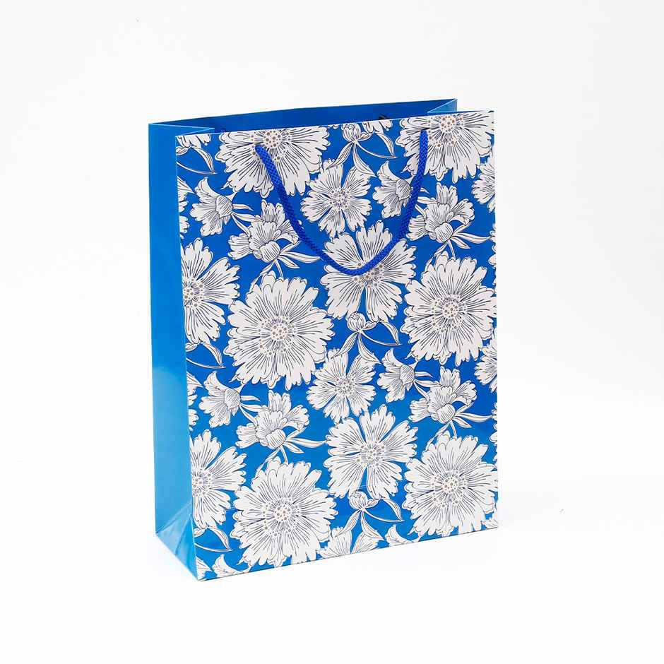 Archies Elegant Blue Floral Pattern Paper Bag | Medium