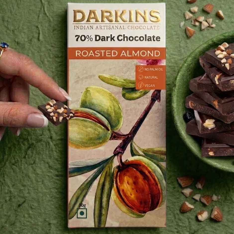 Darkins Roasted Almond Dark Chocolate Bar | 70% Rich Cocoa