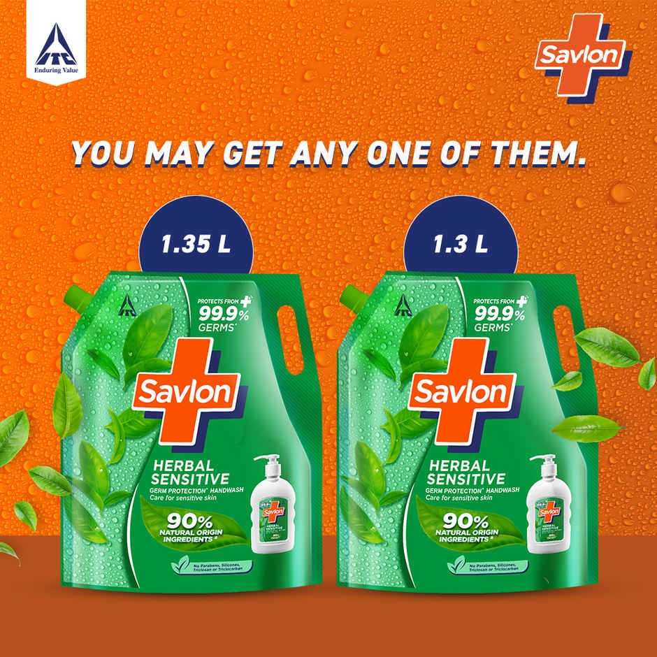 Savlon Herbal Sensitive Handwash Refill Pack 1.3L| Care for sensitive hands|Value Pack