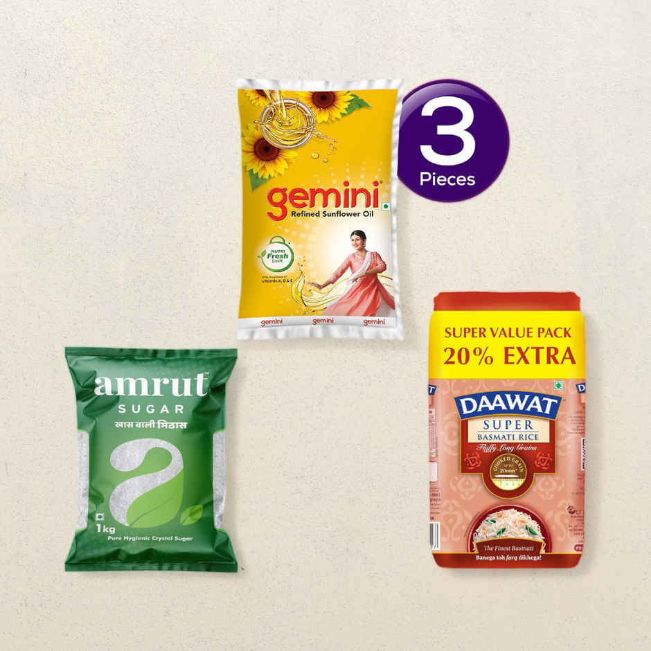 Gemini Refined Sunflower Oil (Pouch)(1 l), Amrut Sugar(1 kg) & Daawat Super Basmati Rice(1 kg) Combo