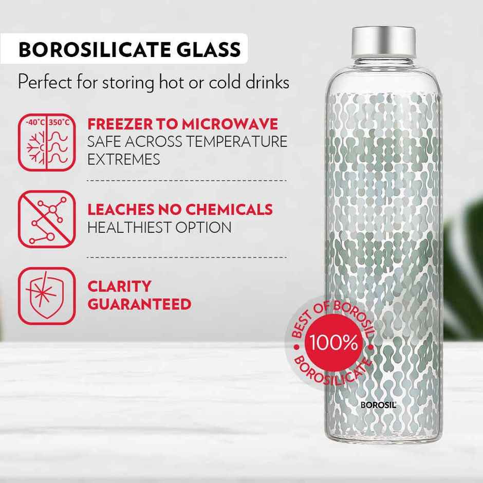 Borosil Vista Narrow Mouth Bottle with Metal Lid Borosilicate Glass Dishwasher Safe