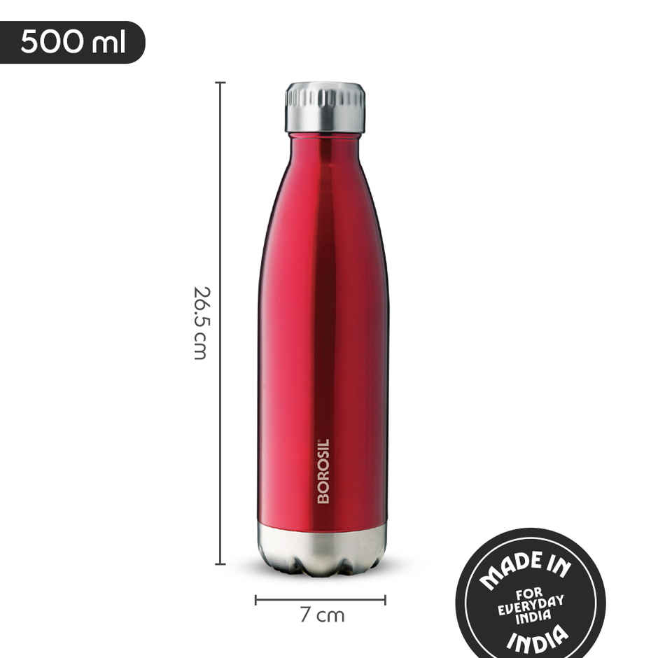 Borosil Bolt Double Wall Vacuum Insulated Stainless Steel Water Bottle | Trans Red - 500 ml