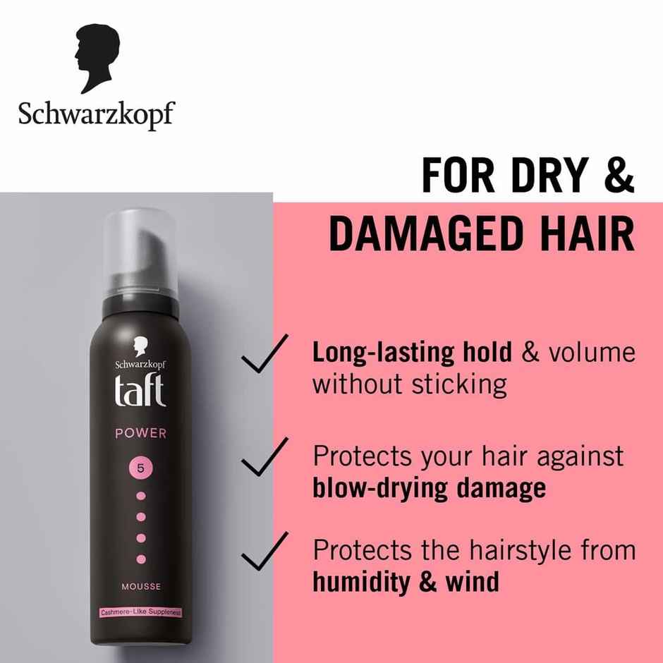 Schwarzkopf Taft Hair Mousse Power Hold 5 | Cashmere-Like Suppleness | Dry & Damaged Hair