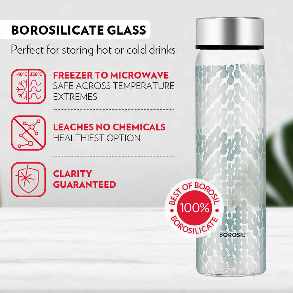 Borosil Vista Wide Mouth Bottle with Metal Lid Borosilicate Glass Dishwasher Safe