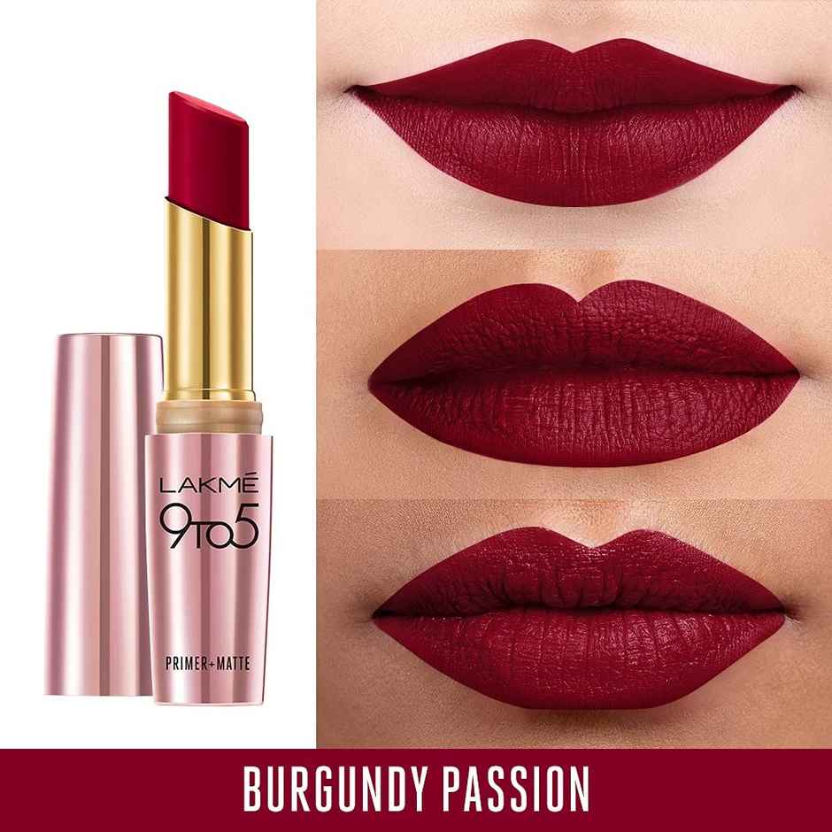 Lakme 9to5 Powerplay Priming Matte Lipstick, Lasts 16hrs, Burgundy Passion