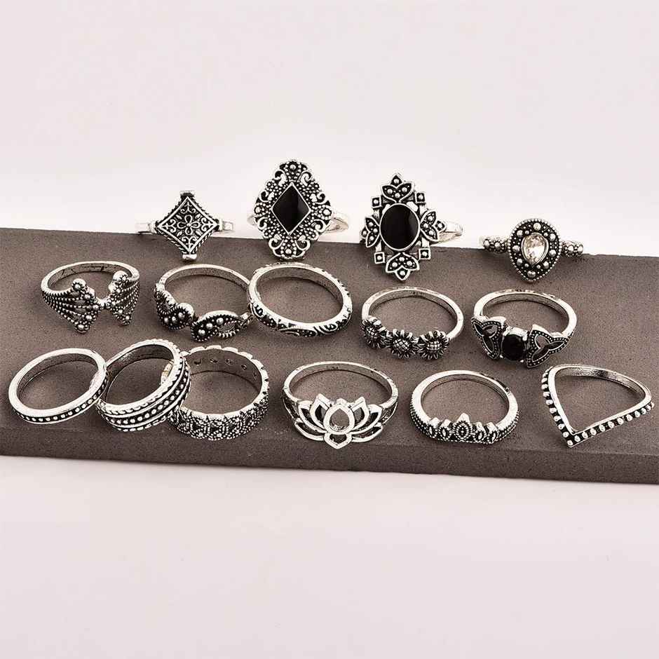 Shining Diva Fashion Set of 15 Base Metal Boho Midi Finger Rings for Women and Girls | 11800r