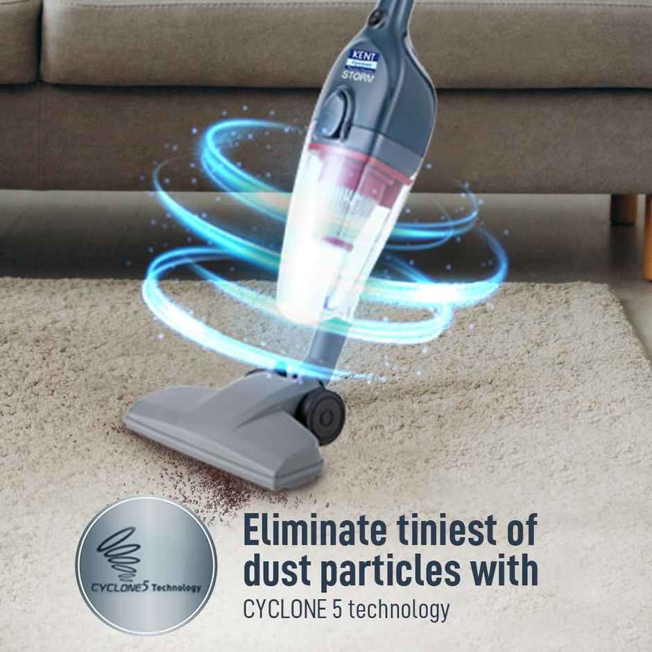 KENT 600W Storm Vacuum Cleaner, 14 kPa, Cyclone5 Technology and HEPA Filter, Bagless Design, Ideal for Floors, Curtains, Carpets, Sofa - Grey