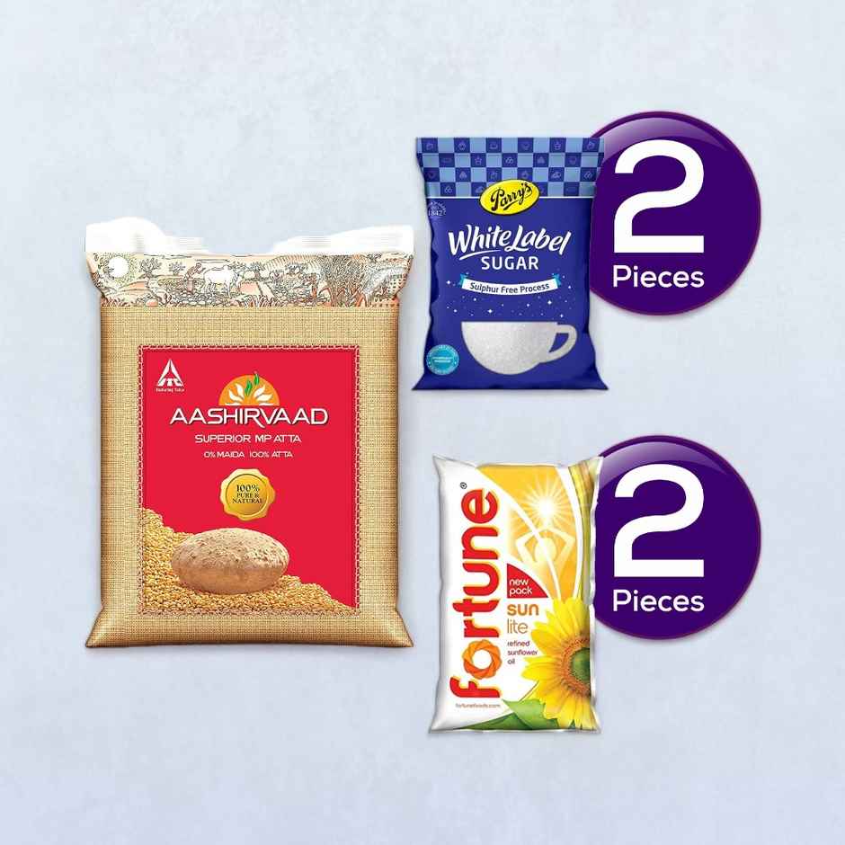 Aashirvaad Superior MP Atta(5kg), Fortune Sunlite Refined Sunflower Oil(1l) & Parrys White Label Sugar(1kg) Combo